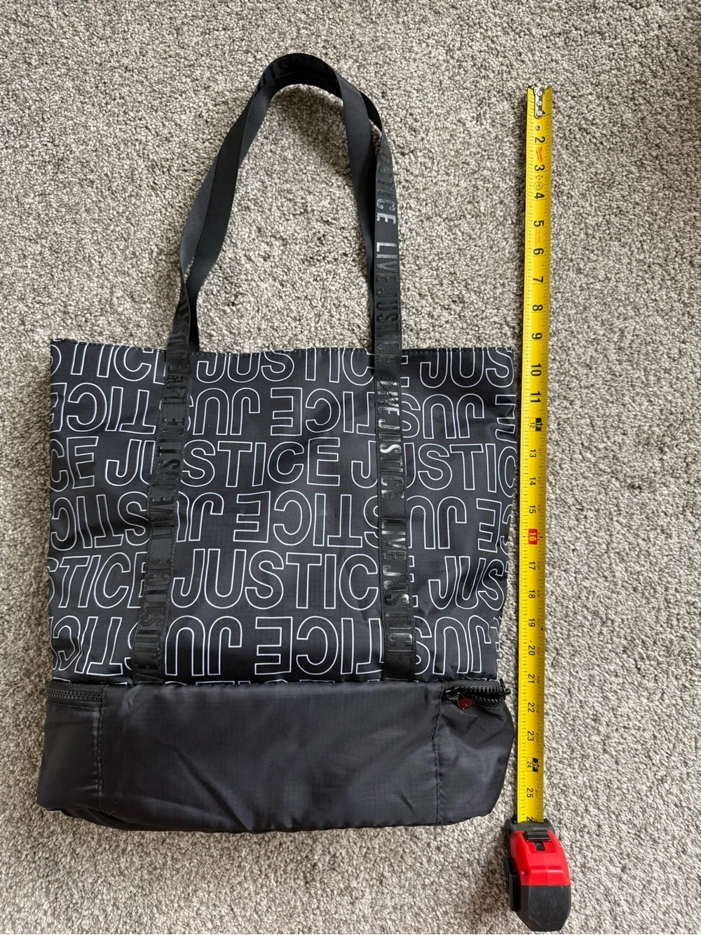 Justice Black Logo Repeat Tote
